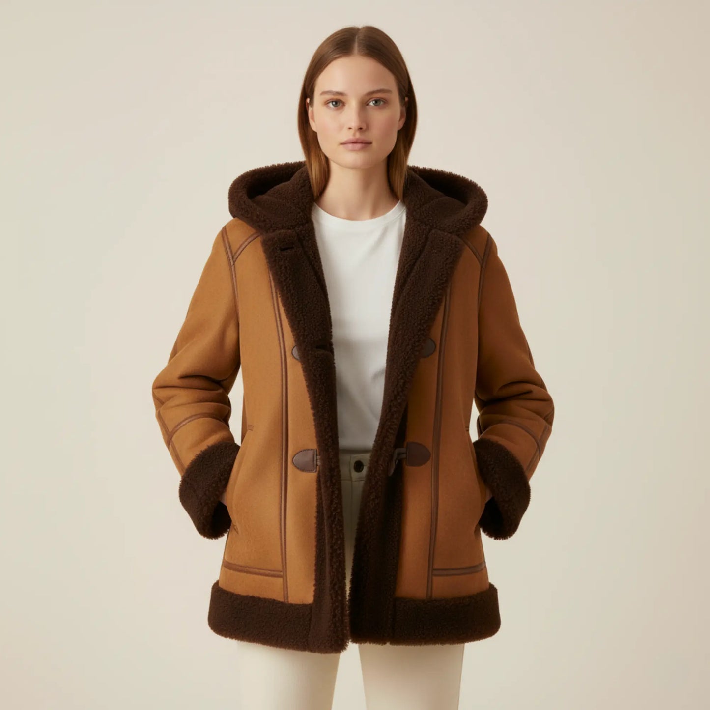Womens Brown Suede Shearling Toggle Coat – Full Faux Fur Lined Hooded Jacket, Cozy Winter Outerwear - Perfect Gift for Her in this Winter Bakshi Artisanal
