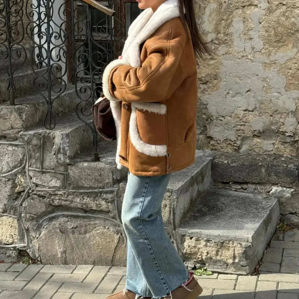 Women Real Sheep Skin Shearling Brown Jacket Coat My Store