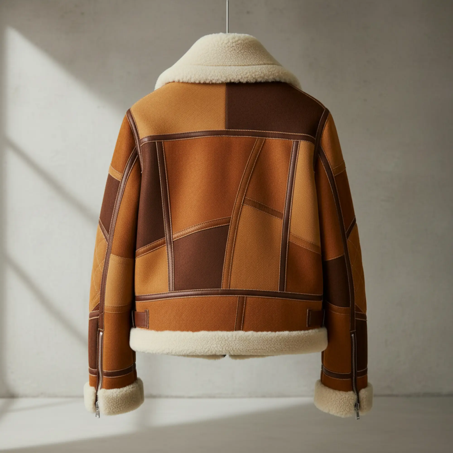 Womens Brown Patchwork Suede Leather Shearling Jacket – Full Sherpa Lined Luxe Coat, Winter Outerwear for Sale Bakshi Artisanal