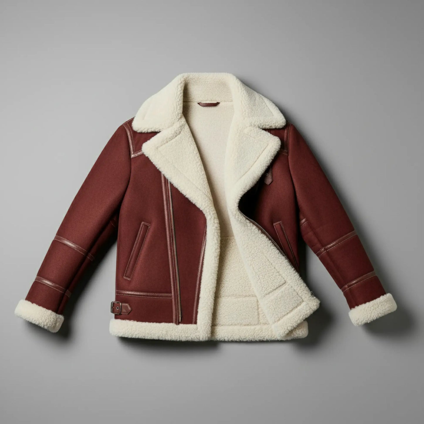 Mens Maroon Suede Shearling Jacket – Faux Fur Lined Winter Coat, Santa-Inspired Style, Free Shipping Worldwide Bakshi Artisanal