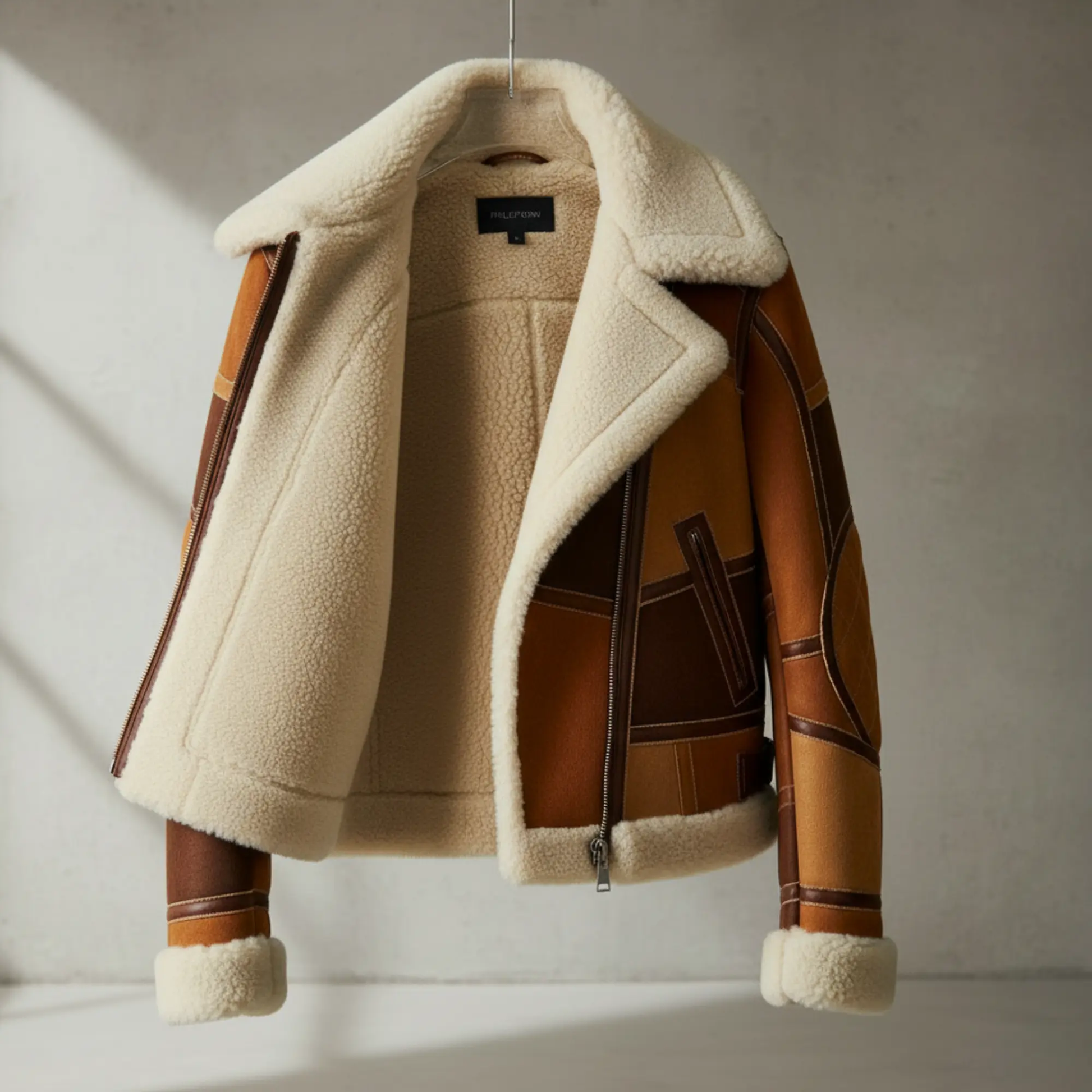 Womens Brown Patchwork Suede Leather Shearling Jacket – Full Sherpa Lined Luxe Coat, Winter Outerwear for Sale Bakshi Artisanal