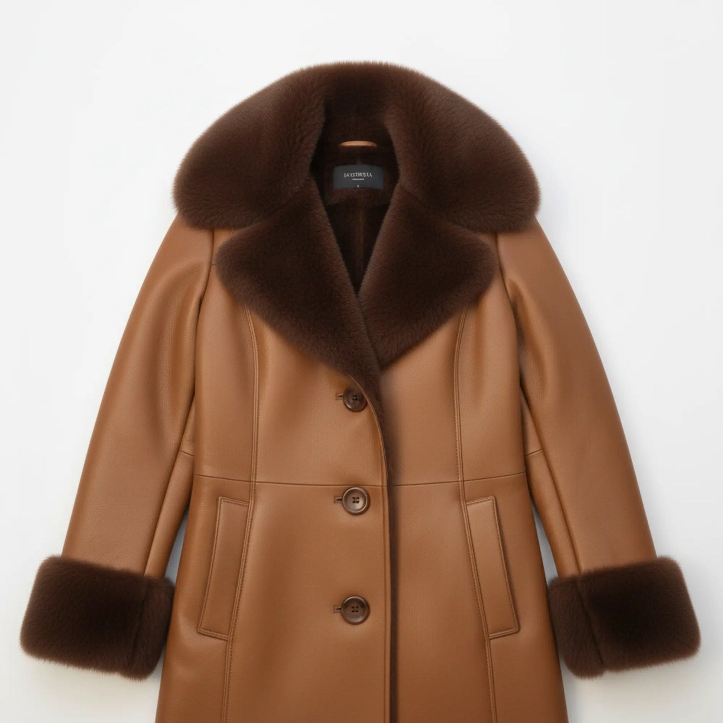 Womens Camel Brown Long Shearling Coat – Dark Brown Faux Fur Lining, Luxury Leather Trench, Warm Winter Outerwear Bakshi Artisanal