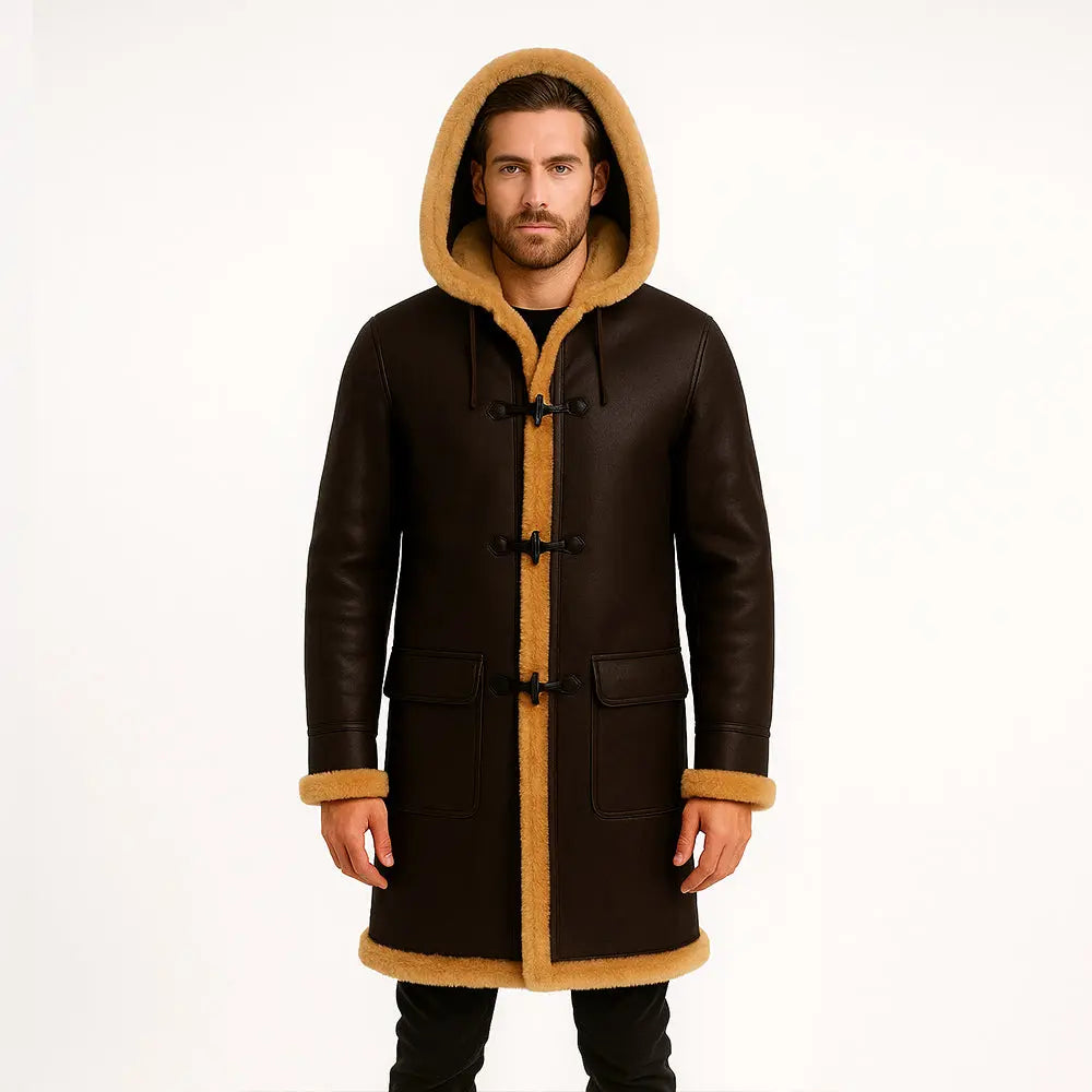 Men's Duffle Brown Fur Hooded Natural Shearling Coat My Store