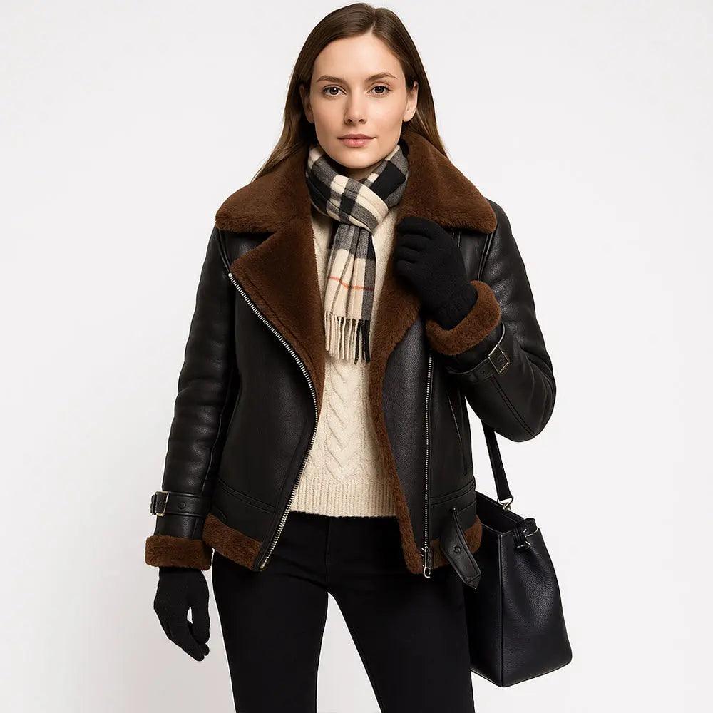 Women's Bomber Real Sheep Leather Black Jacket with BROWN Fur My Store