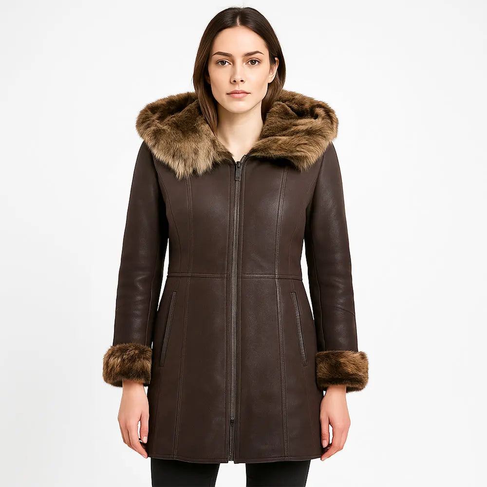 Women's Brown Hooded Shearling 3/4 Length Toscana Jacket My Store