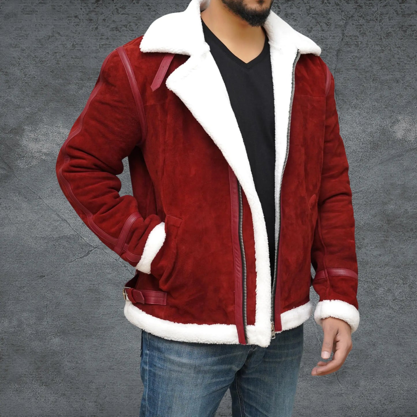 Men’s Spirited Red Suede Shearling Jacket - Santa Claus Coat My Store