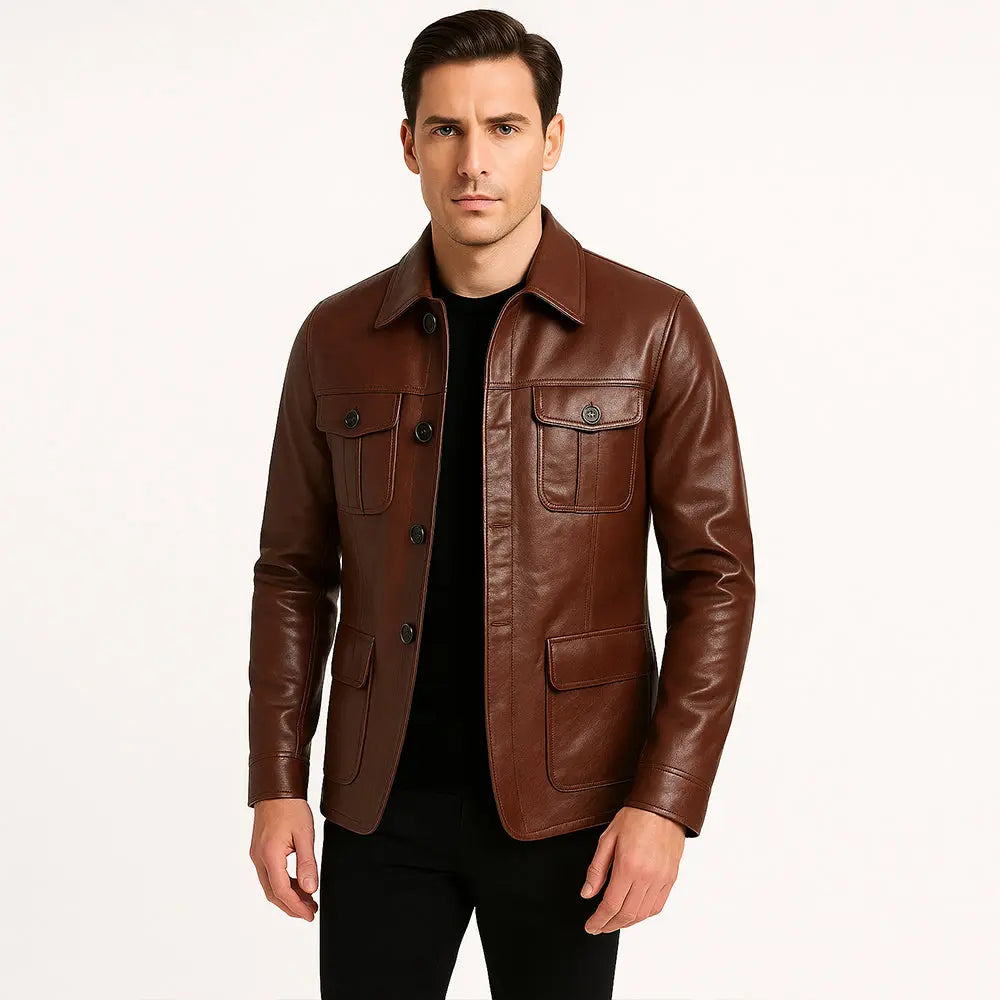 Men’s Lambskin Slim Fit 4-Pocket Leather Blazer Jacket My Store