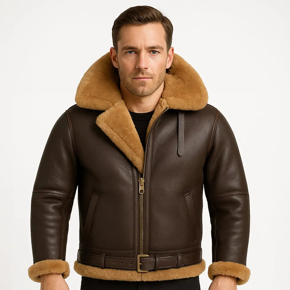 B3 RAF Brown Men's Shearling Leather Bomber Jacket My Store