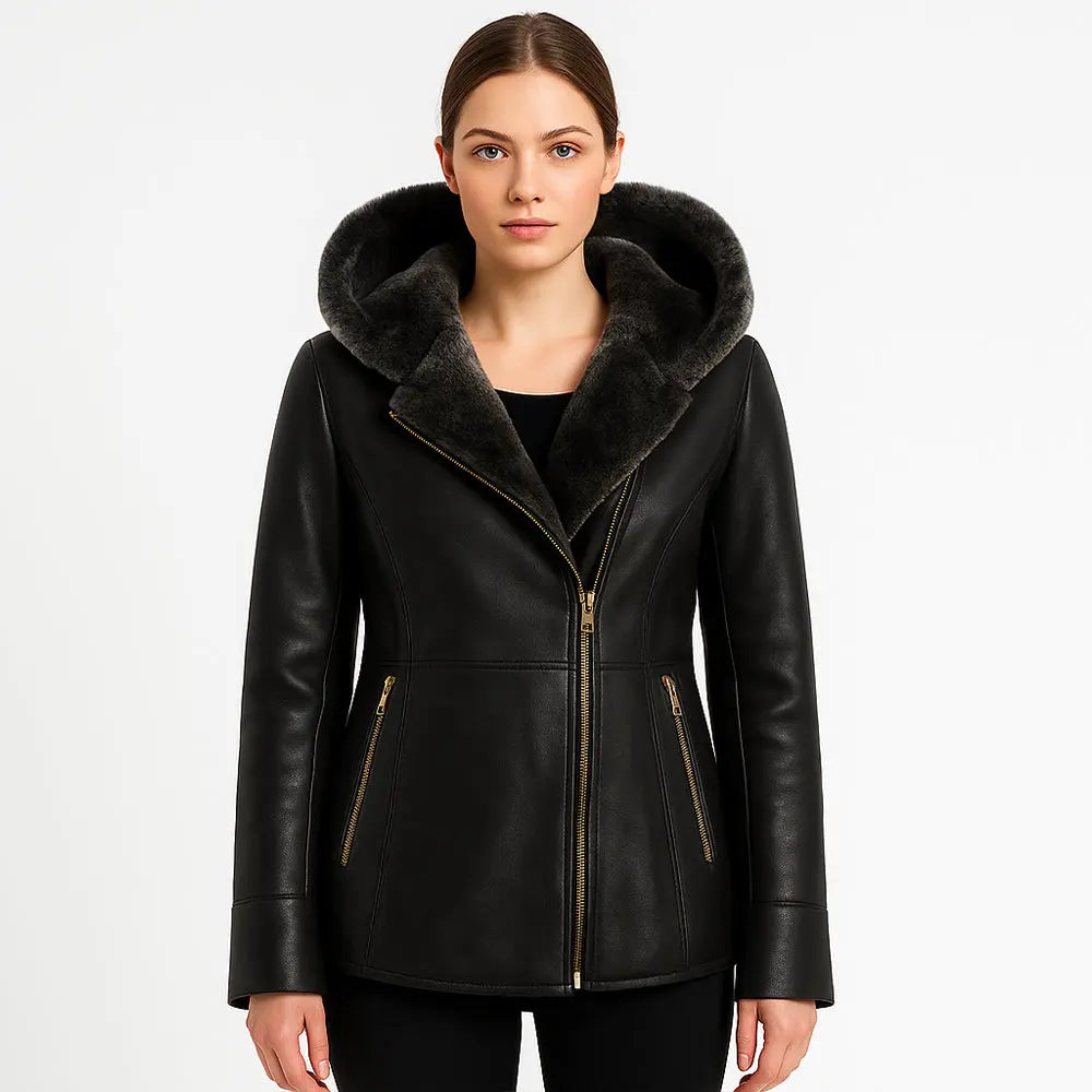 Ladies B3 Flying Real Shearling Sheepskin Black Fur Hoodie Jacket My Store