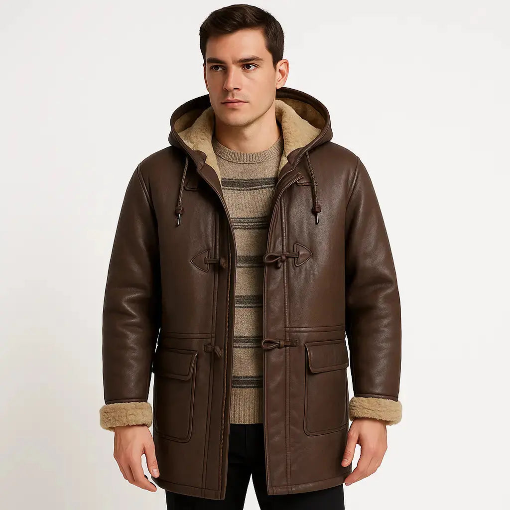 Men's Rufus Brown Real Shearling Sheepskin Leather Duffle Coat My Store