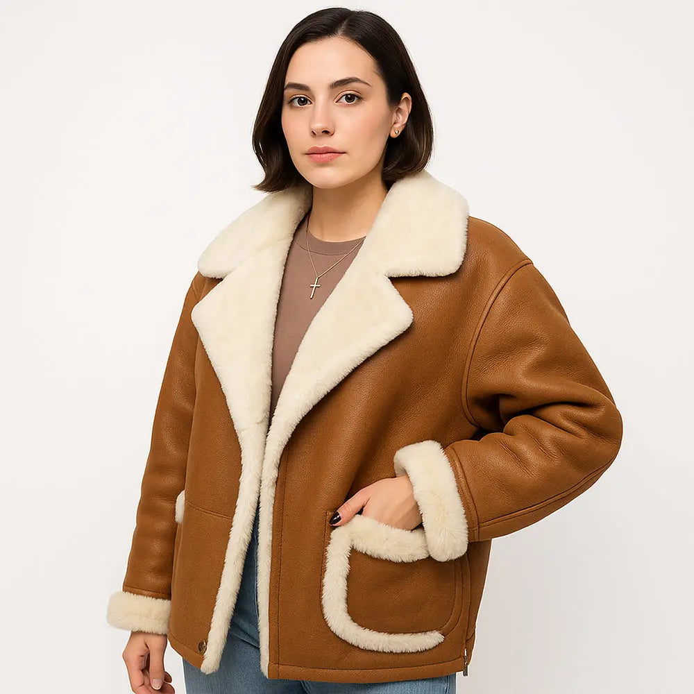 Women Real Sheep Skin Shearling Brown Jacket Coat My Store
