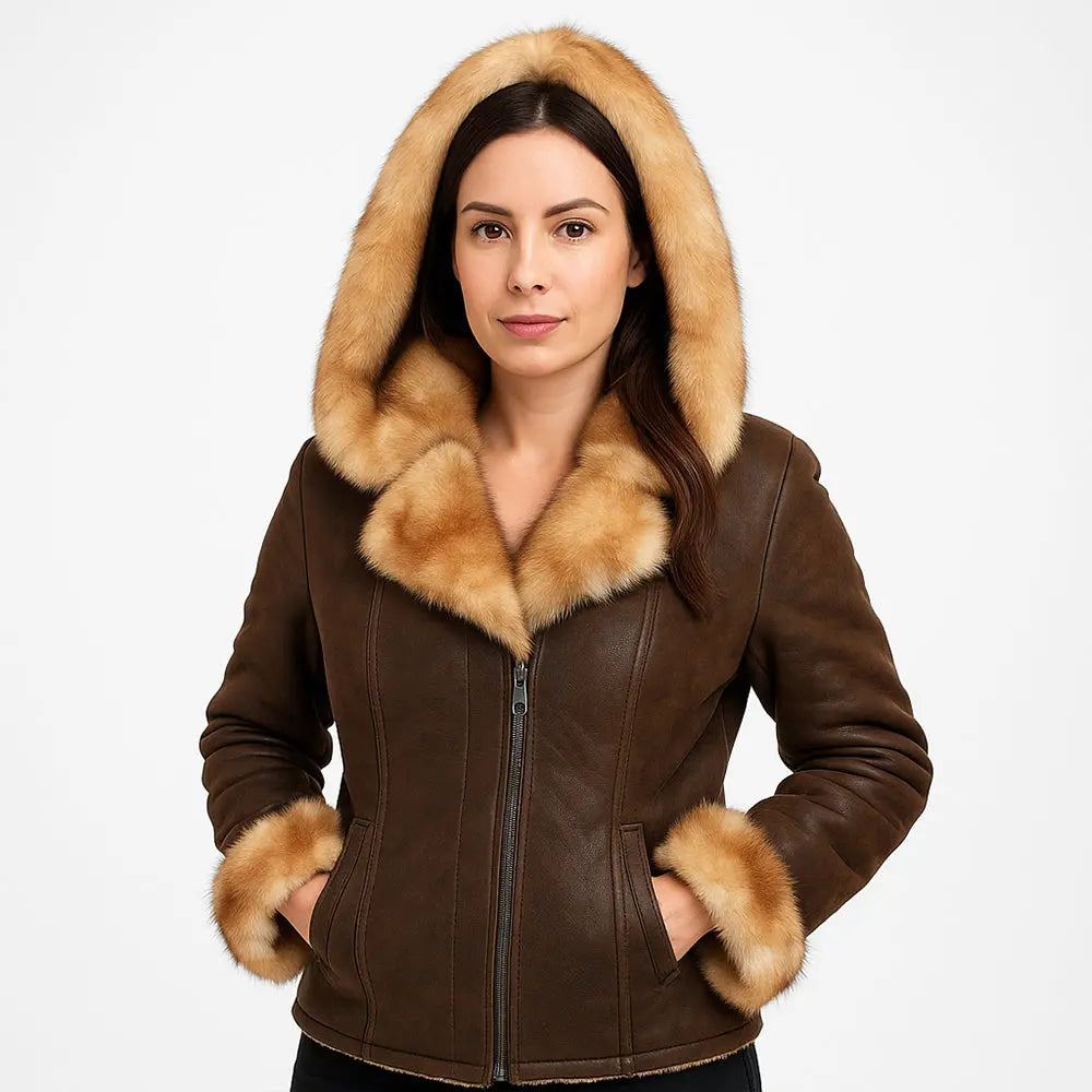 Women's Long-Hair Toscana Shearling Leather Coat with Hood My Store
