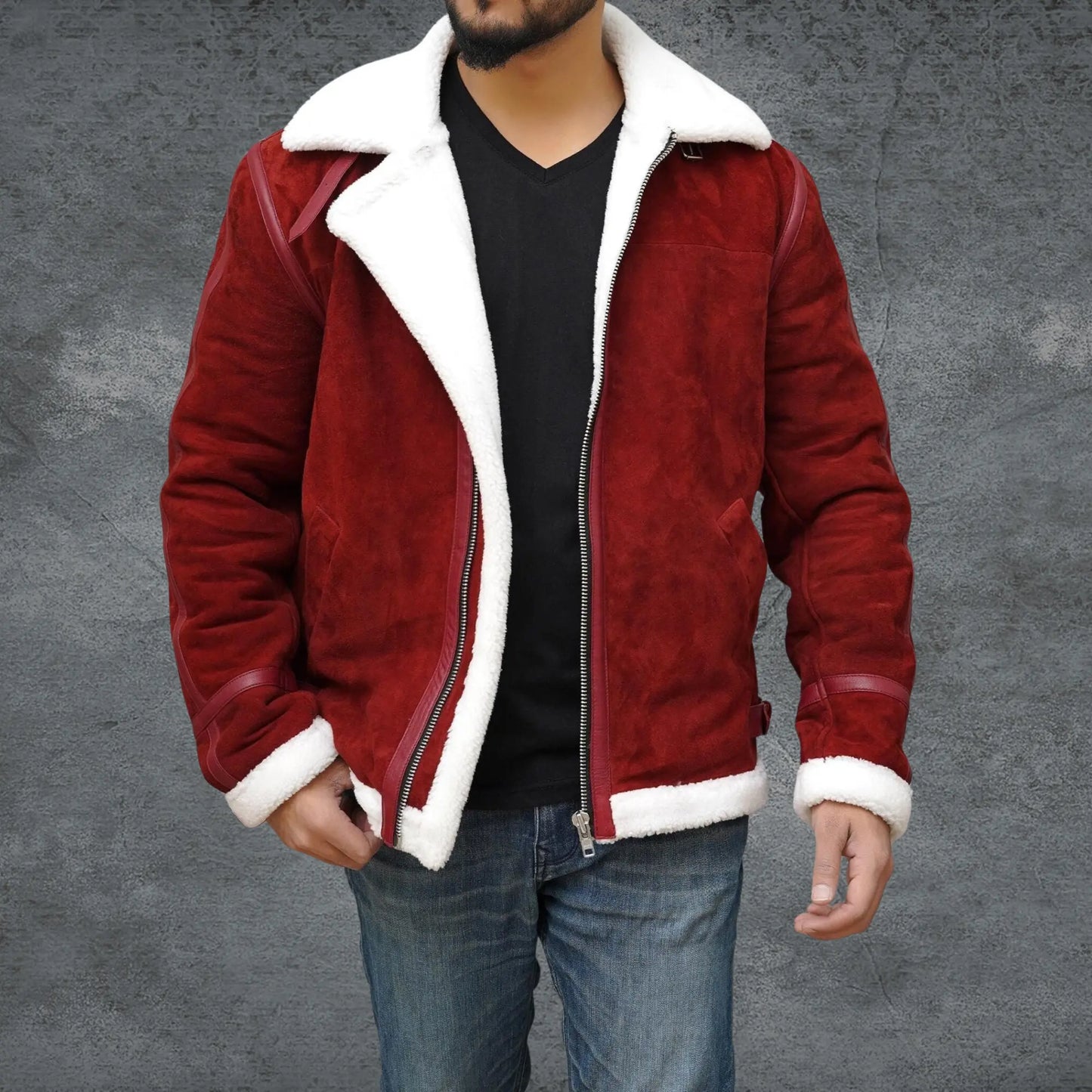 Men’s Spirited Red Suede Shearling Jacket - Santa Claus Coat My Store