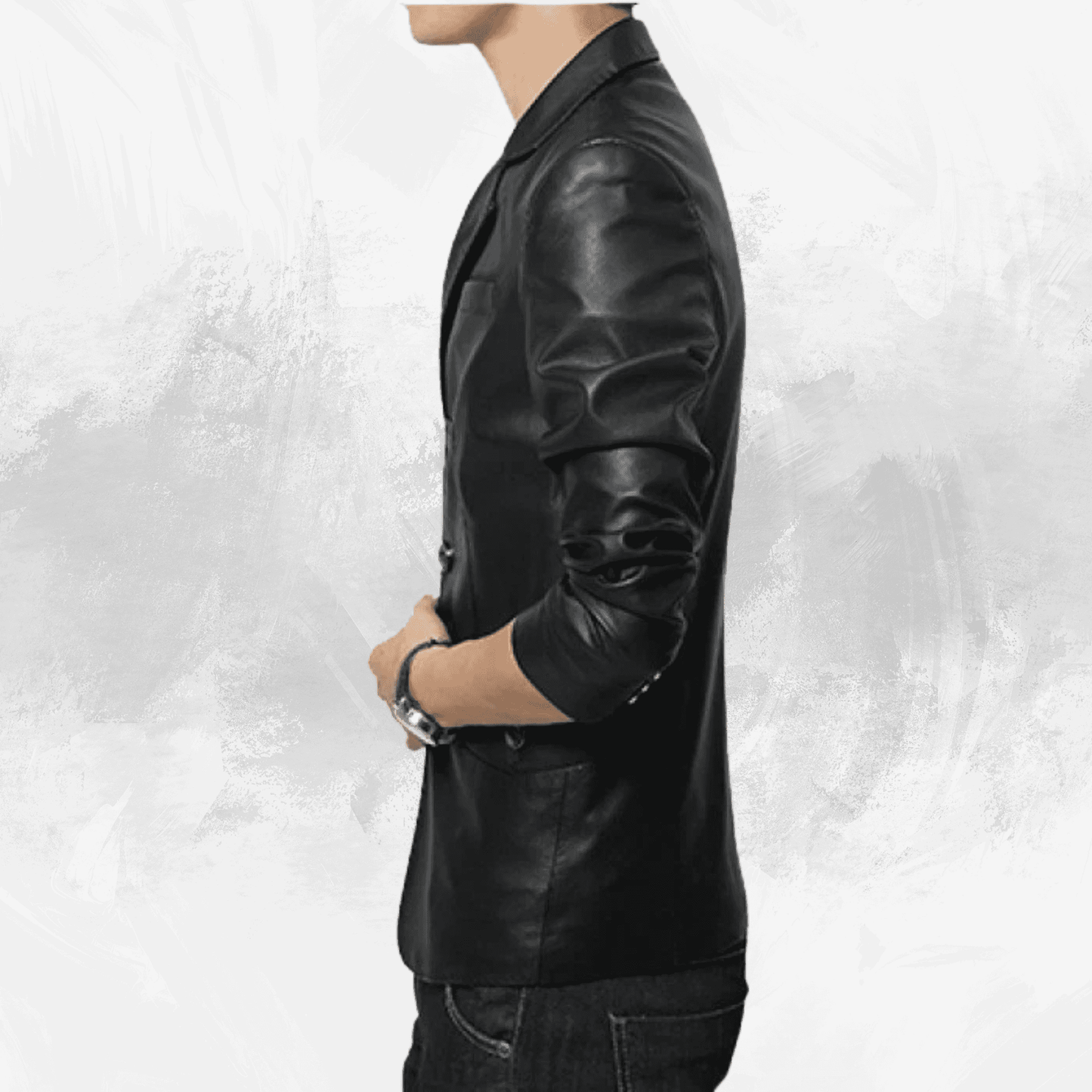 Side profile of Buy Black 3 Button Leather Blazer highlighting slim-fit cut, genuine leather texture, and stylish moto blazer silhouette for men.