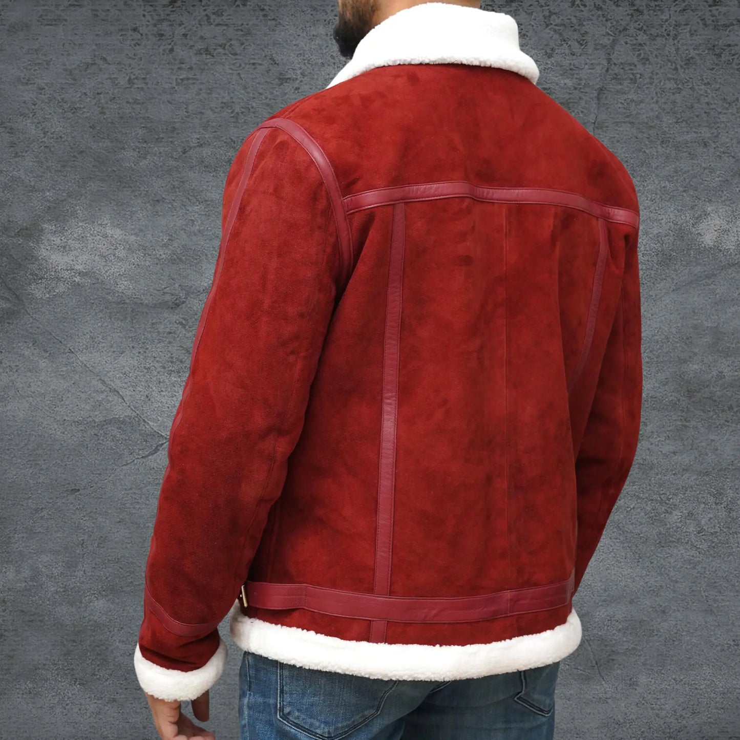 Men’s Spirited Red Suede Shearling Jacket - Santa Claus Coat My Store