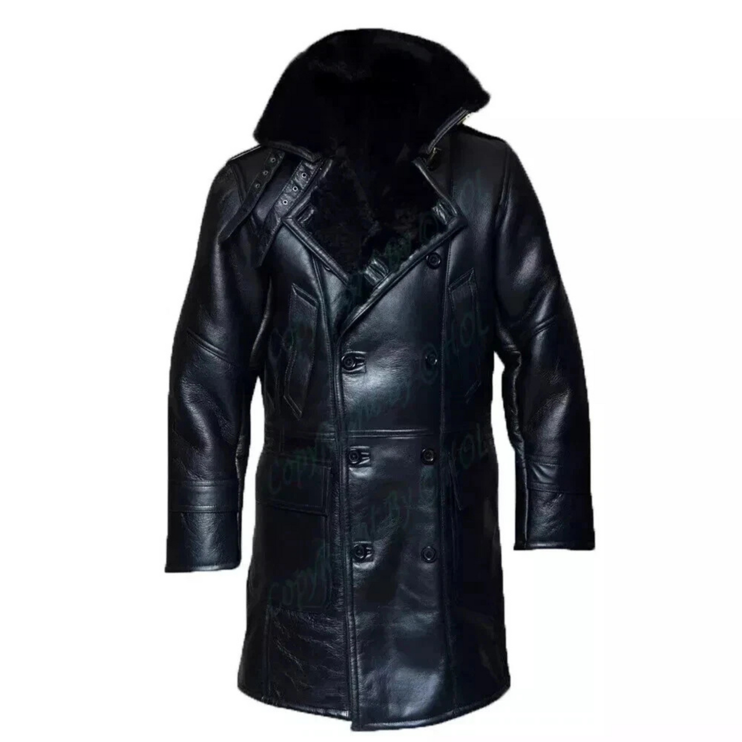 Men’s RAF Long Shearling Bomber Overcoat – Black Real Sheepskin Fur Lined Leather Jacket Bakshi Artisanal