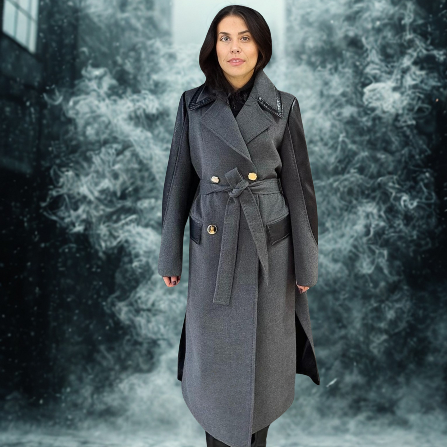 Gray Lambskin Jumbo Leather Long Caot for Women