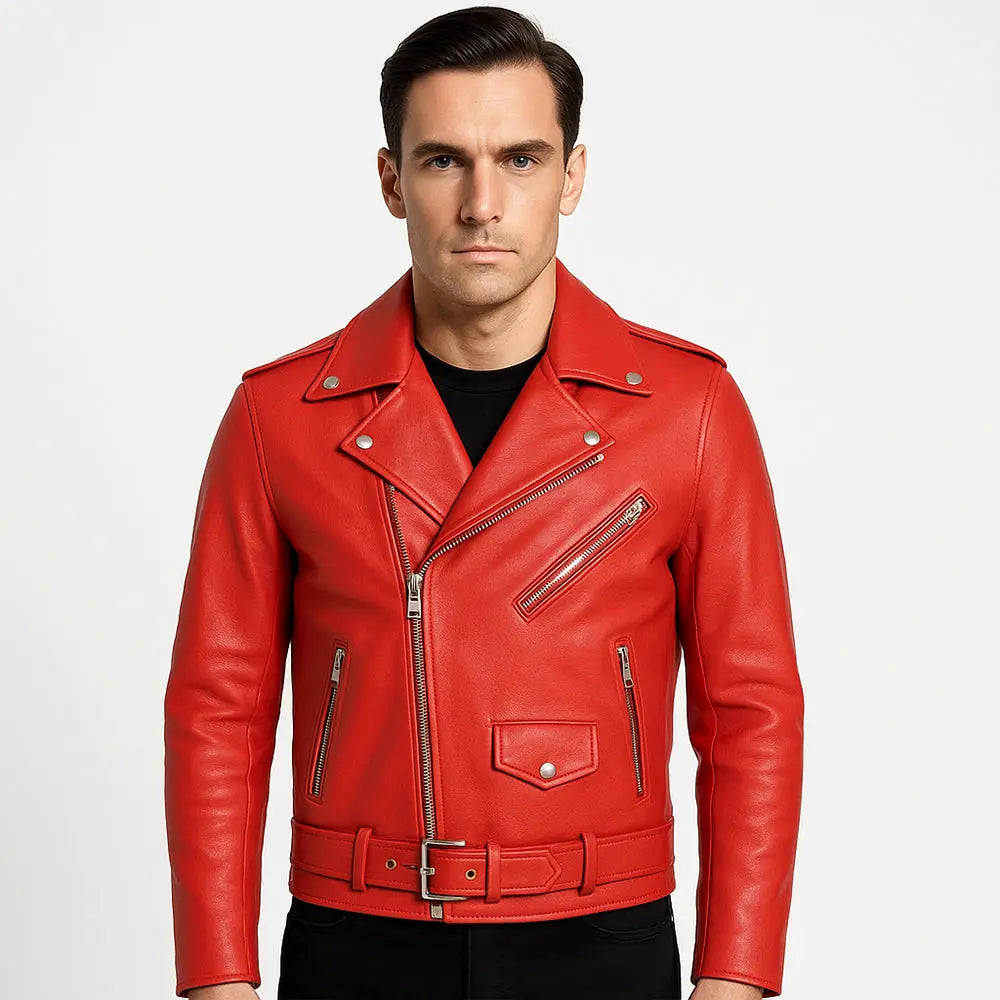 Men's Red Biker Leather Jacket, Motorcycle Motorbike Cowhide Leather Jacket, Gift for Him My Store