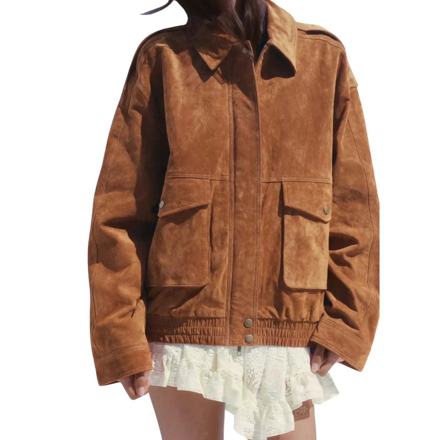 Sheep Skin Suede Leather Bomber Jacket with Pockets Camel XS - 3XL, Gift for Her, Women Fashion My Store