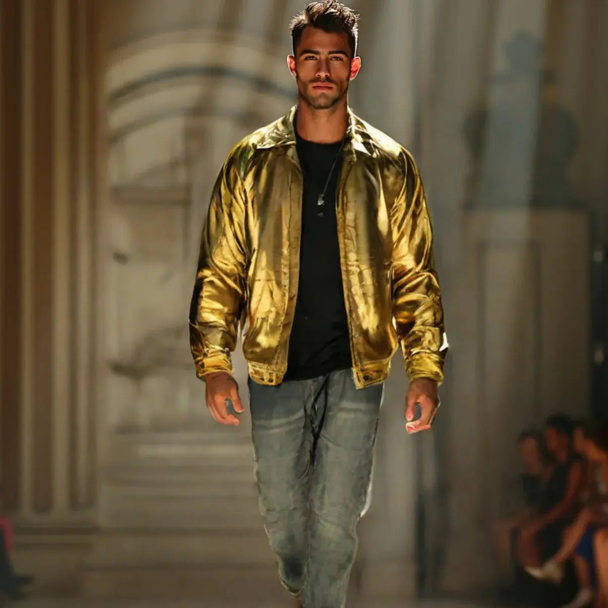 Men's Genuine Sheep Skin Gold Leather Biker Jacket My Store
