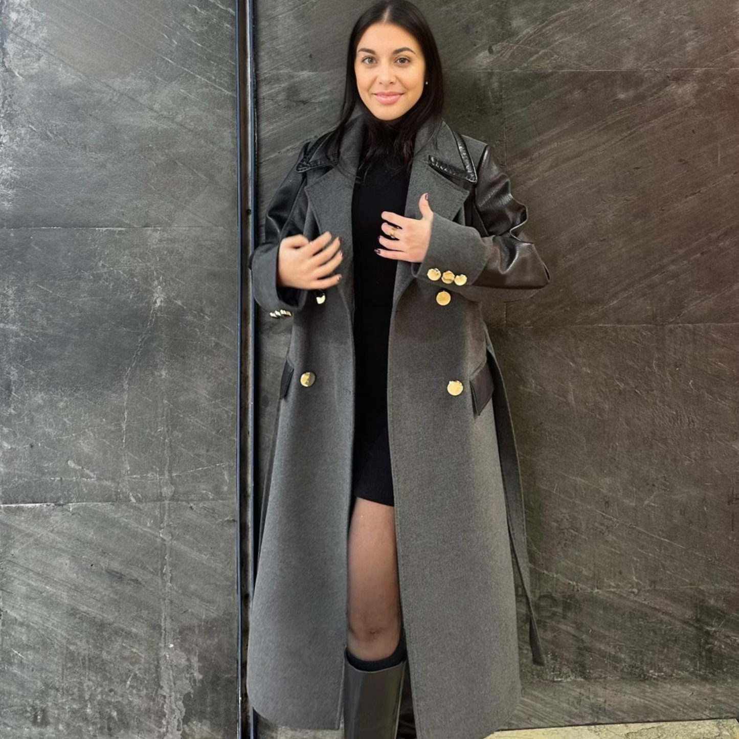 Gray Lambskin Jumbo Leather Long Caot for Women