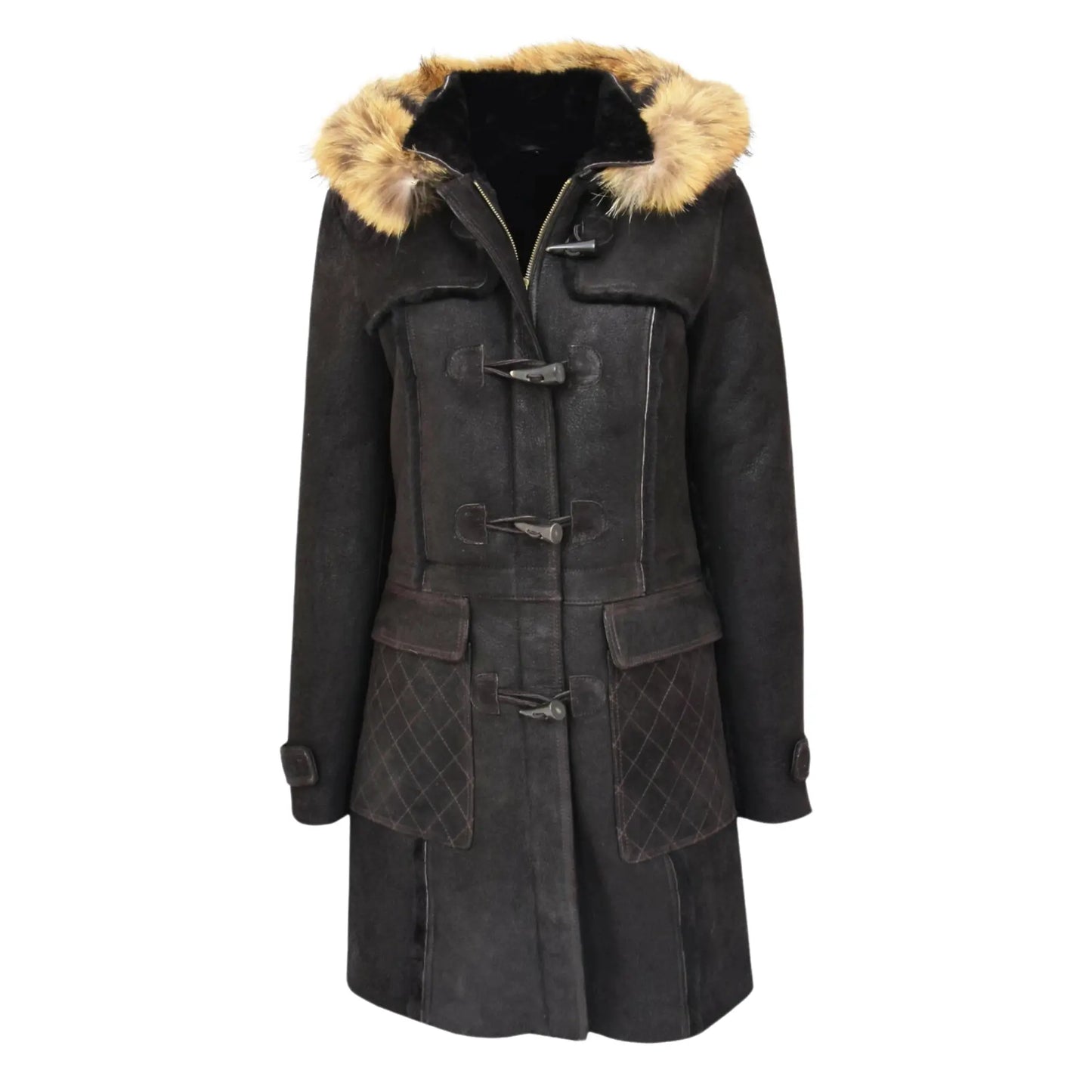 Luxury Warm Long Hooded Shearling Duffle Coat for Women – Genuine Brown Sheepskin My Store
