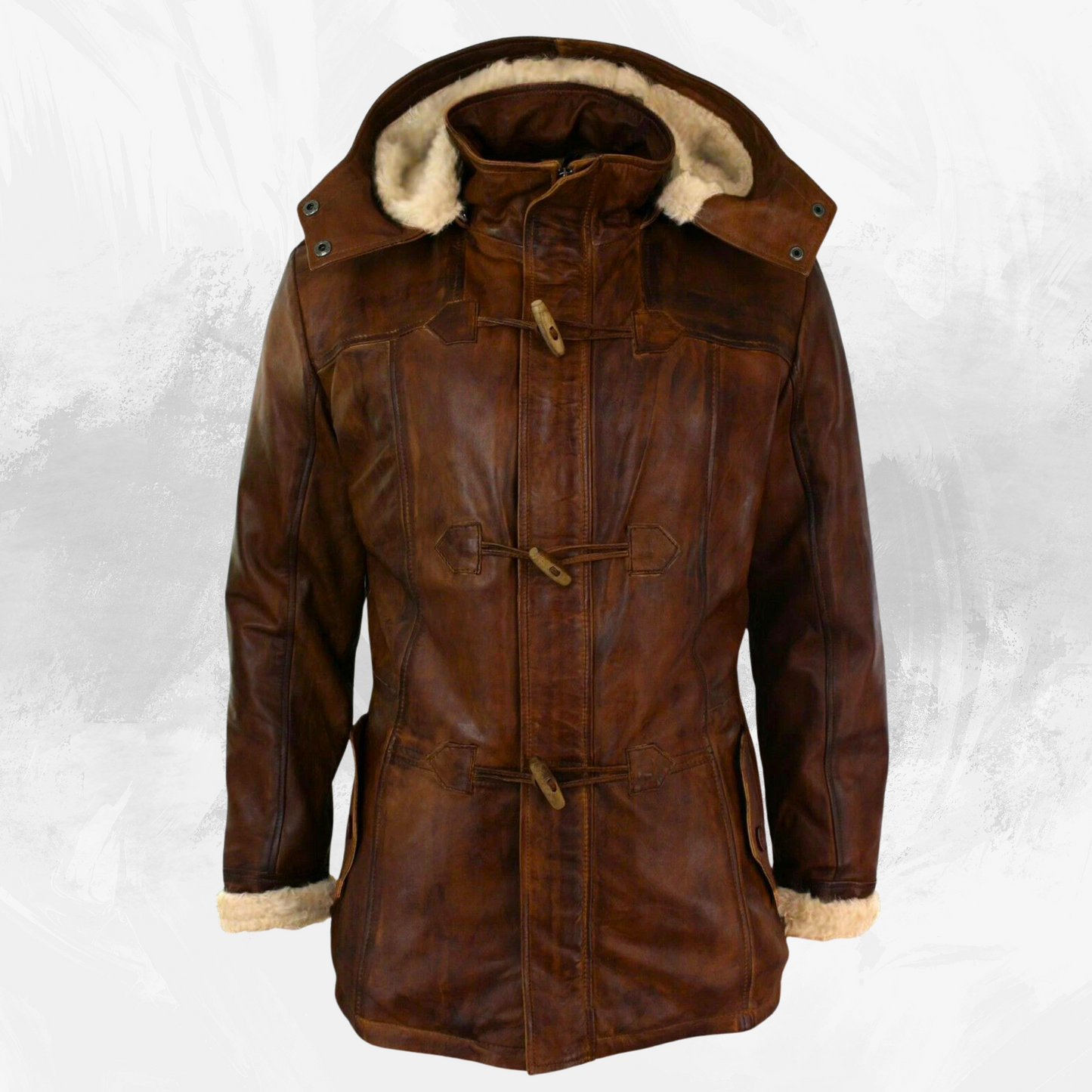 Men’s Brown Hooded Sheepskin Duffle Coat – Genuine Leather, Fur-Lined Trench, Detachable Hood My Store