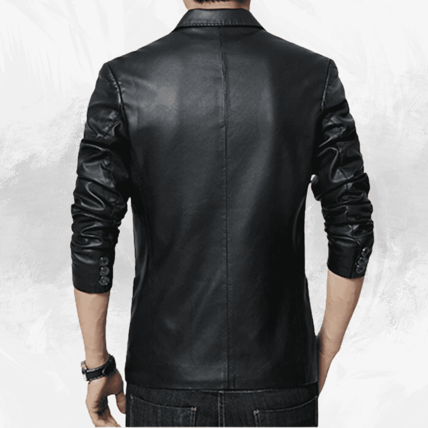 Rear view of Buy Black 3 Button Leather Blazer showcasing premium lambskin-lined back design and tailored fit for men’s moto-inspired outerwear.