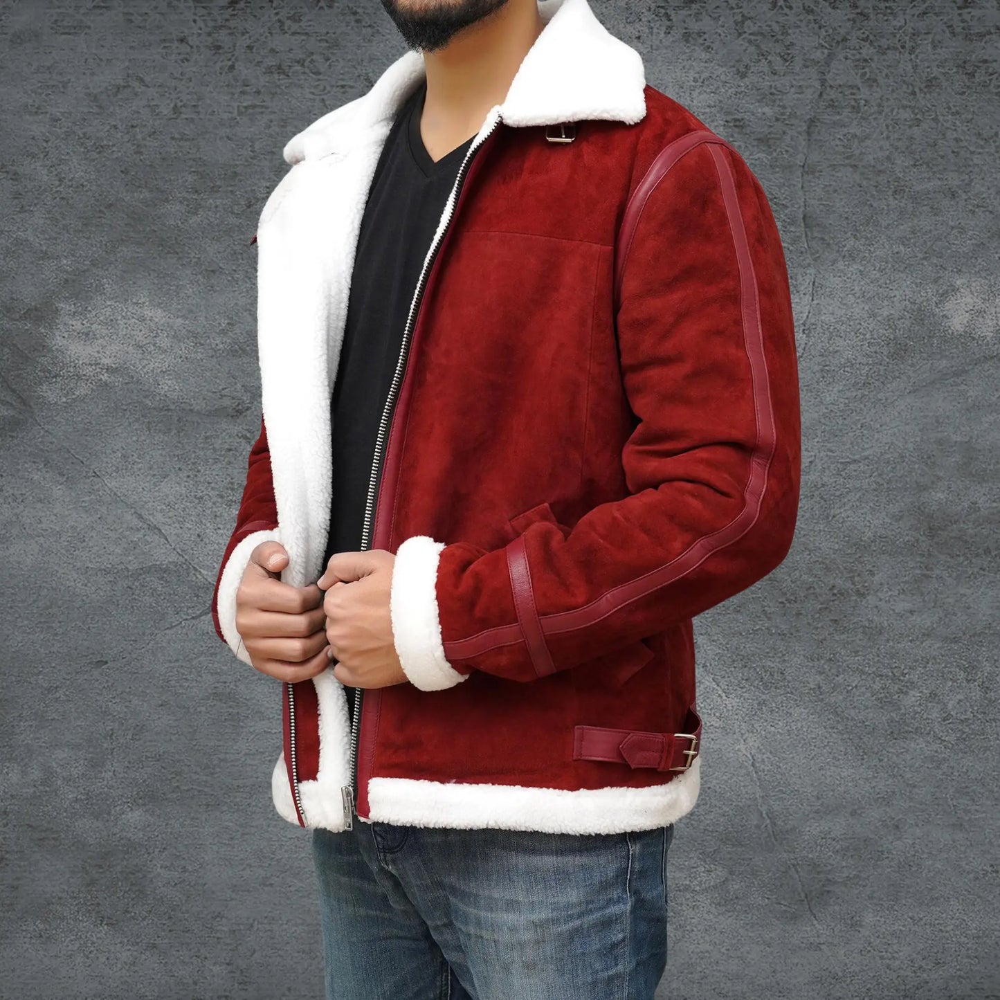 Men’s Spirited Red Suede Shearling Jacket - Santa Claus Coat My Store