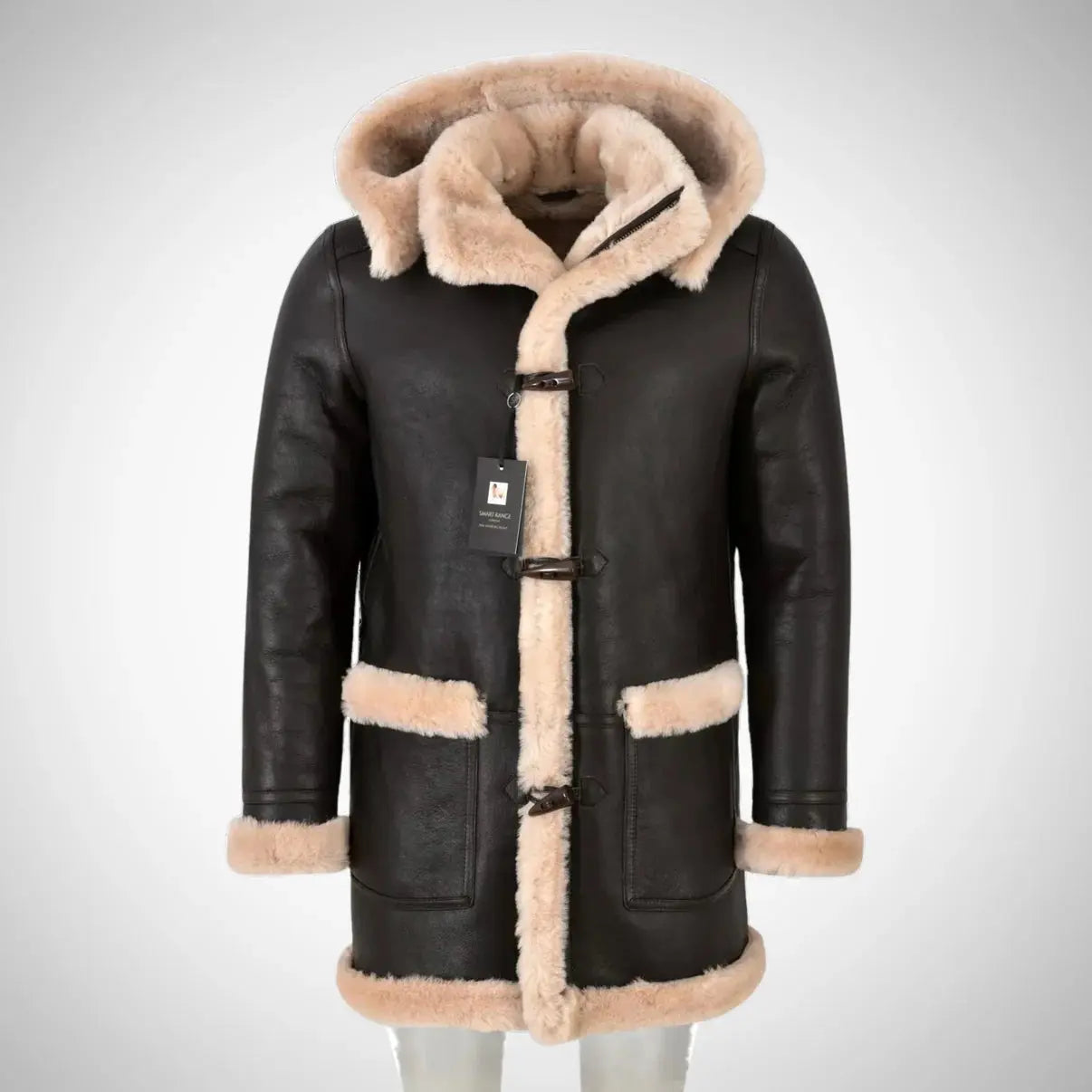 Men's Duffle Brown Fur Hooded Natural Shearling Coat My Store