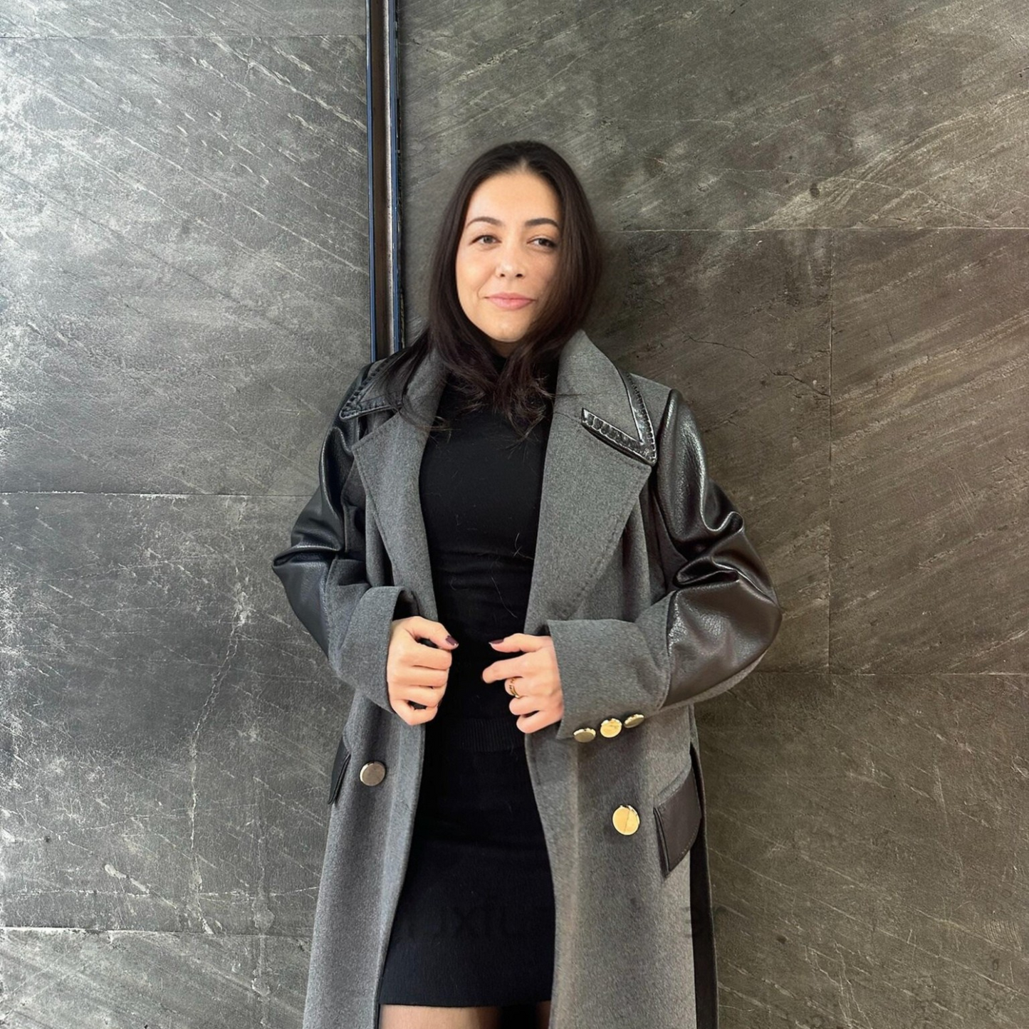 Gray Lambskin Jumbo Leather Long Caot for Women