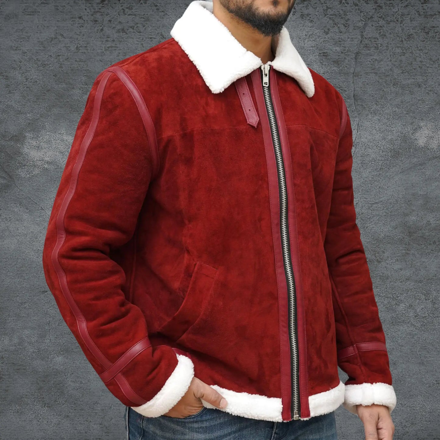 Men’s Spirited Red Suede Shearling Jacket - Santa Claus Coat My Store