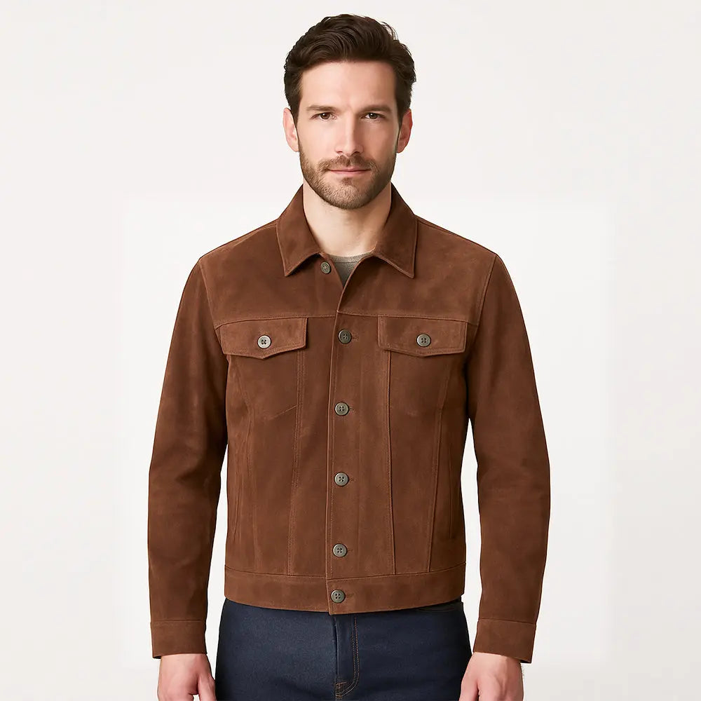 Men's Brown Suede Leather Trucker Jacket My Store