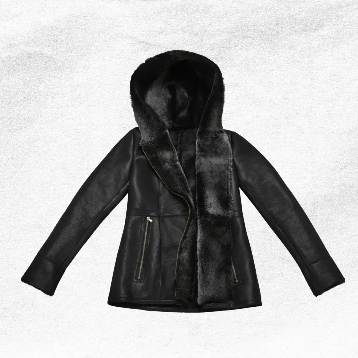 Ladies B3 Flying Real Shearling Sheepskin Black Fur Hoodie Jacket My Store