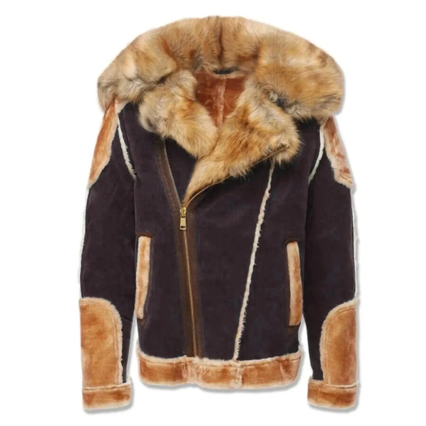 Men’s Brown & Navy Blue Shearling Moto Jacket – Retro Tan Fur-Lined Sheepskin Coat, Genuine Leather My Store