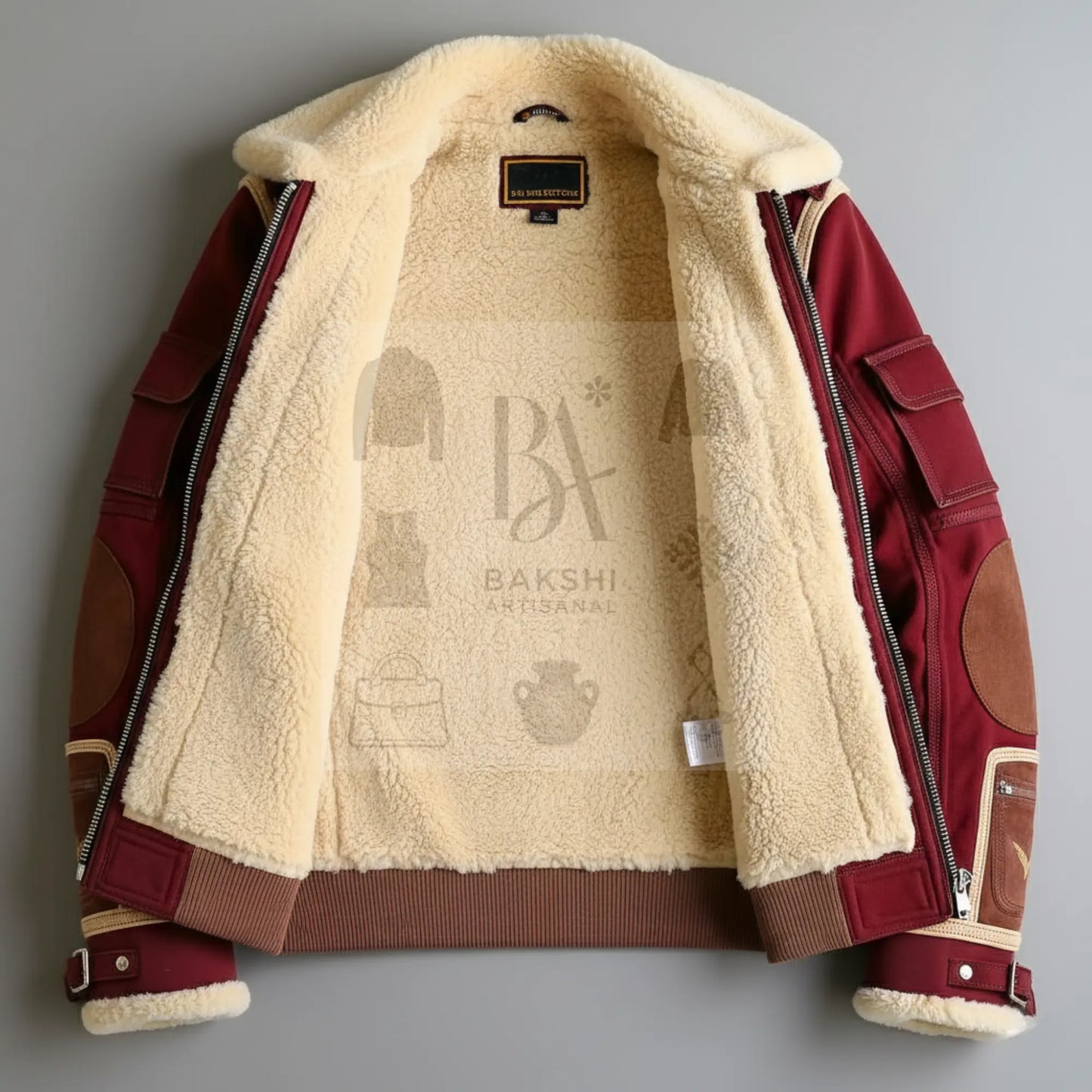 Red Suede Shearling Jacket for Men ‒ Faux Fur Lined Collar & Cuffs, Warm Vintage Leather Coat, Winter Santa Piece Bakshi Artisanal
