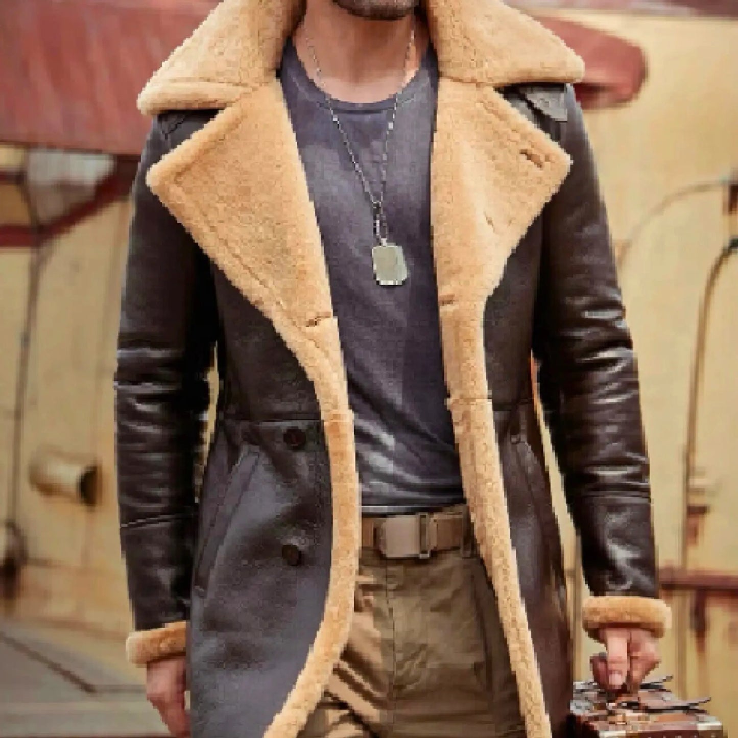 Men's long sheepskin trench coat with tan shearling lining, ideal for stylish winter wear in cold climates like UK, USA, Canada, and Russia.