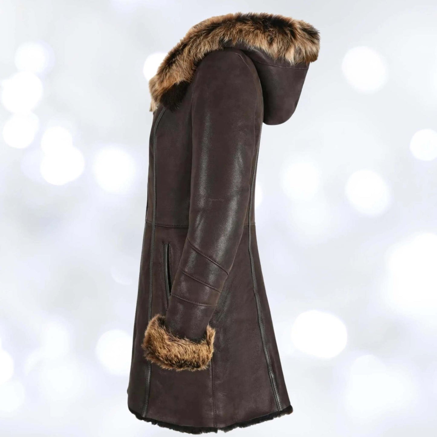 Women's Brown Hooded Shearling 3/4 Length Toscana Jacket My Store