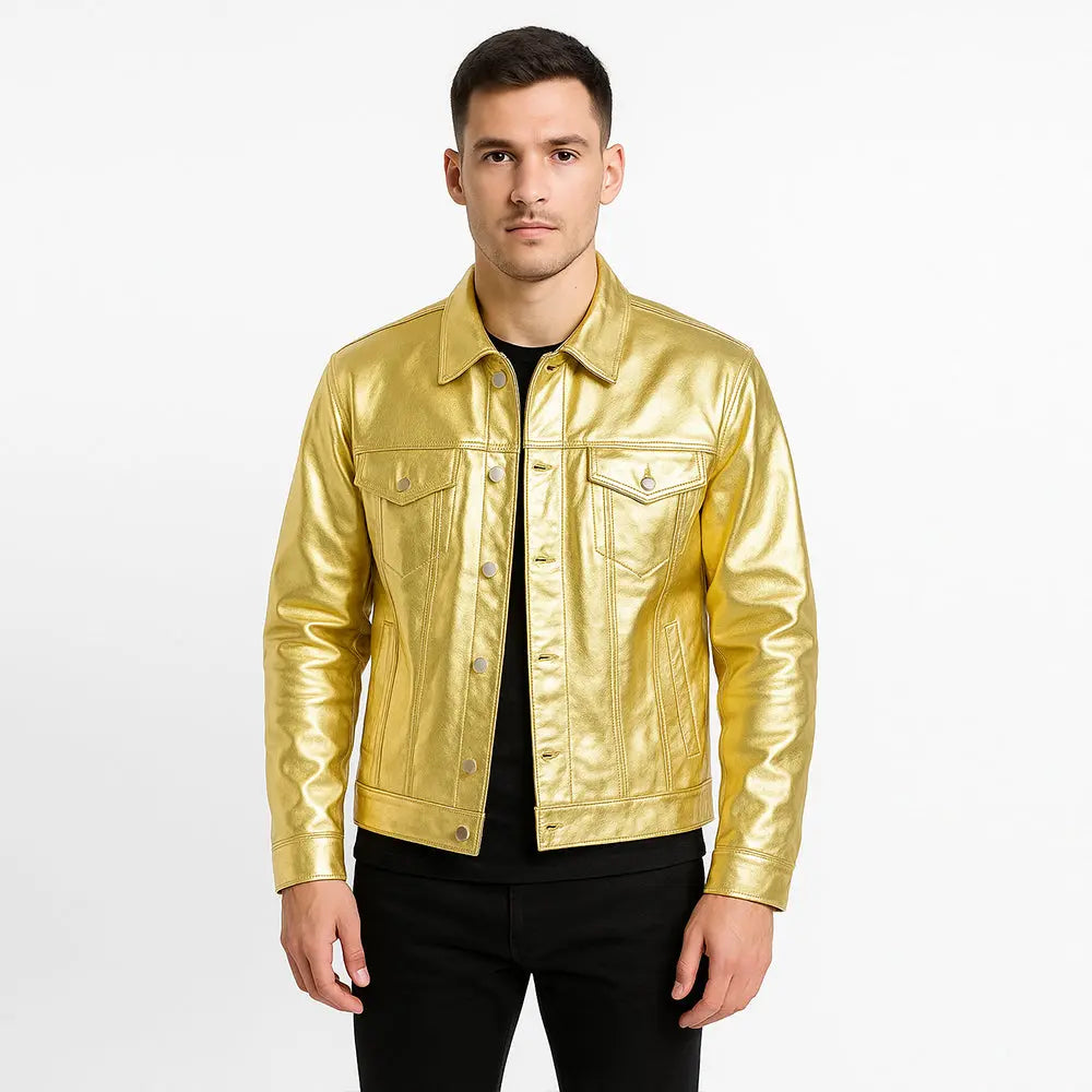 Men's Genuine Sheep Skin Gold Leather Biker Jacket My Store
