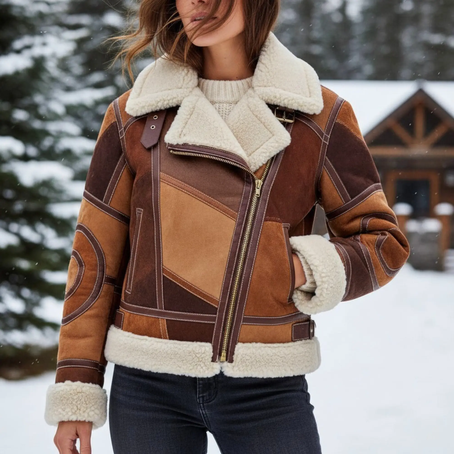 Womens Brown Patchwork Suede Leather Shearling Jacket – Full Sherpa Lined Luxe Coat, Winter Outerwear for Sale Bakshi Artisanal