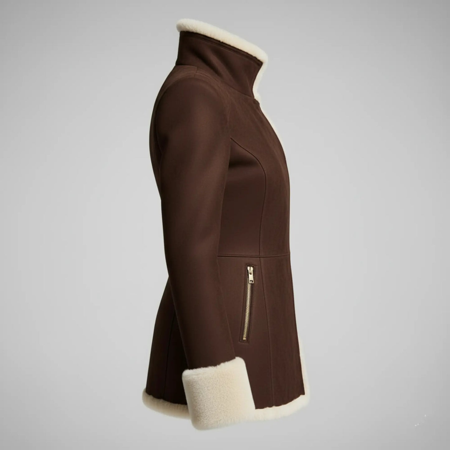Luxury Shearling Brown Suede Coat with Faux Fur Lining & Gold Zipper Pockets – Elegant Asymmetric Winter Jacket Bakshi Artisanal