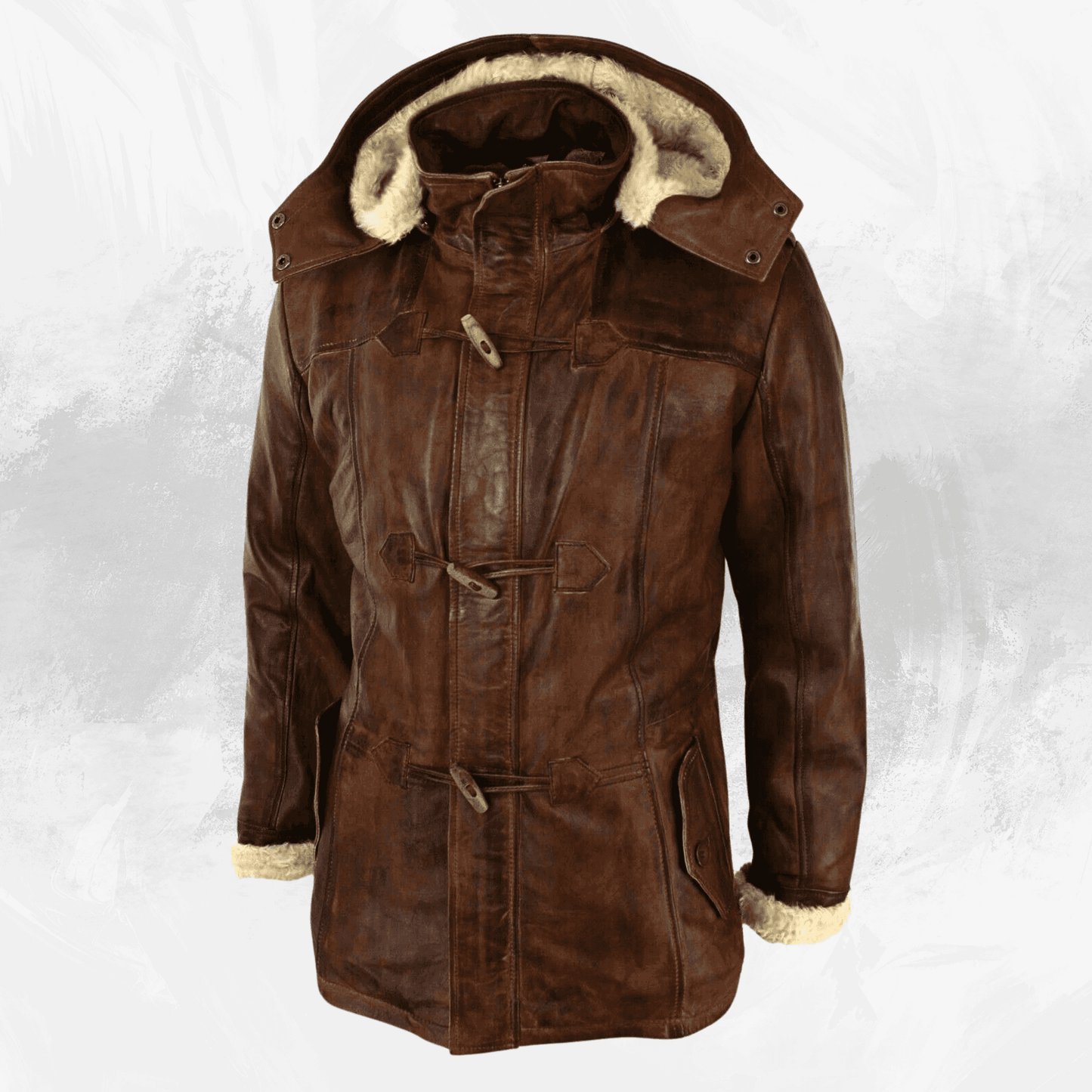 Men’s Brown Hooded Sheepskin Duffle Coat – Genuine Leather, Fur-Lined Trench, Detachable Hood My Store