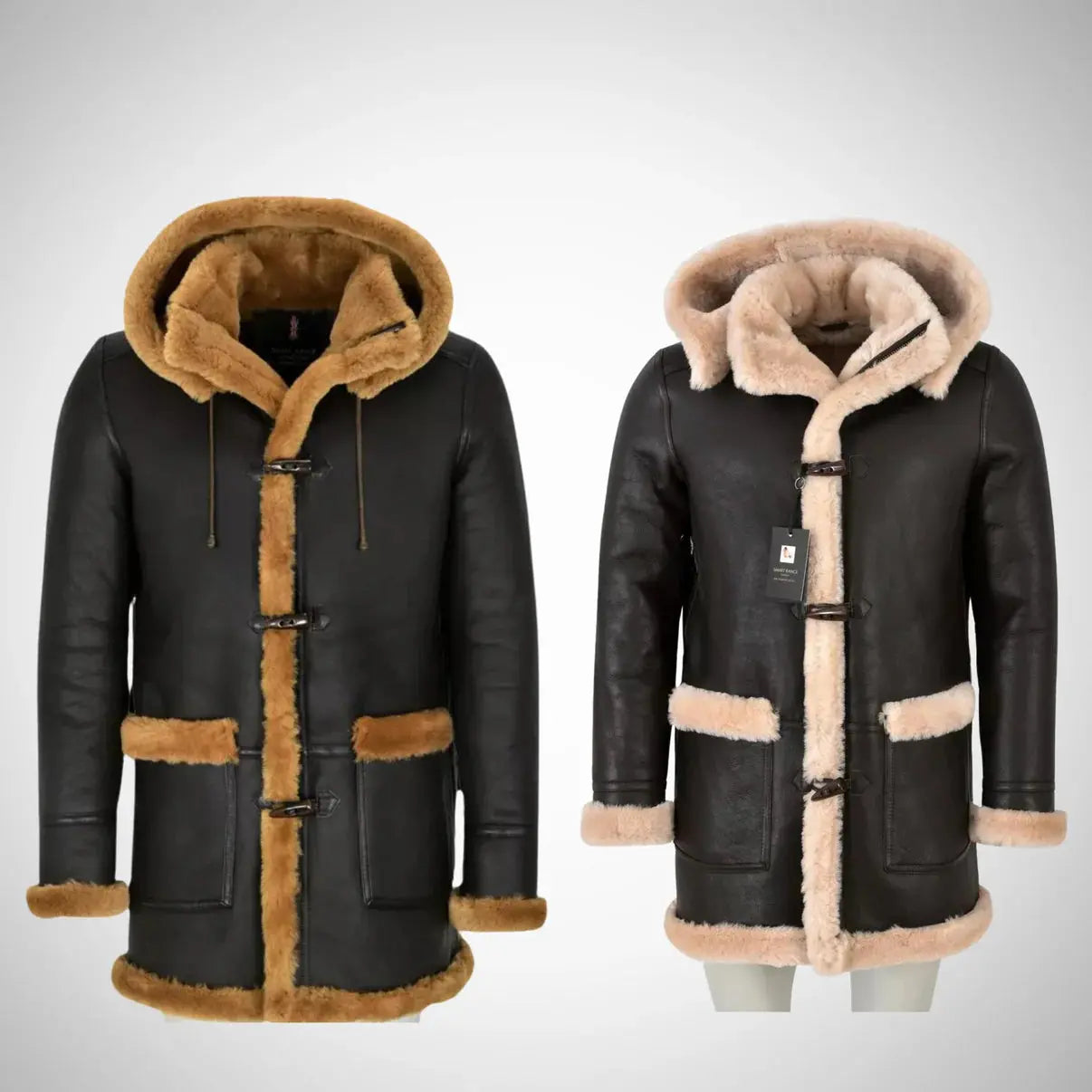 Men's Duffle Brown Fur Hooded Natural Shearling Coat My Store