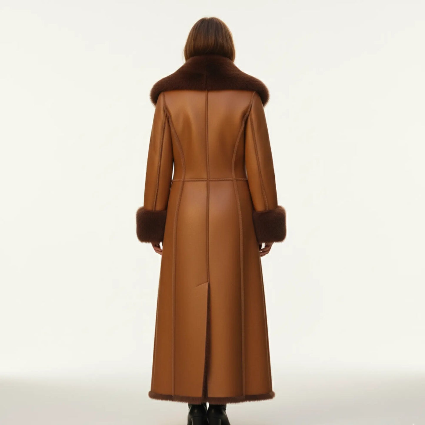 Womens Camel Brown Long Shearling Coat – Dark Brown Faux Fur Lining, Luxury Leather Trench, Warm Winter Outerwear Bakshi Artisanal