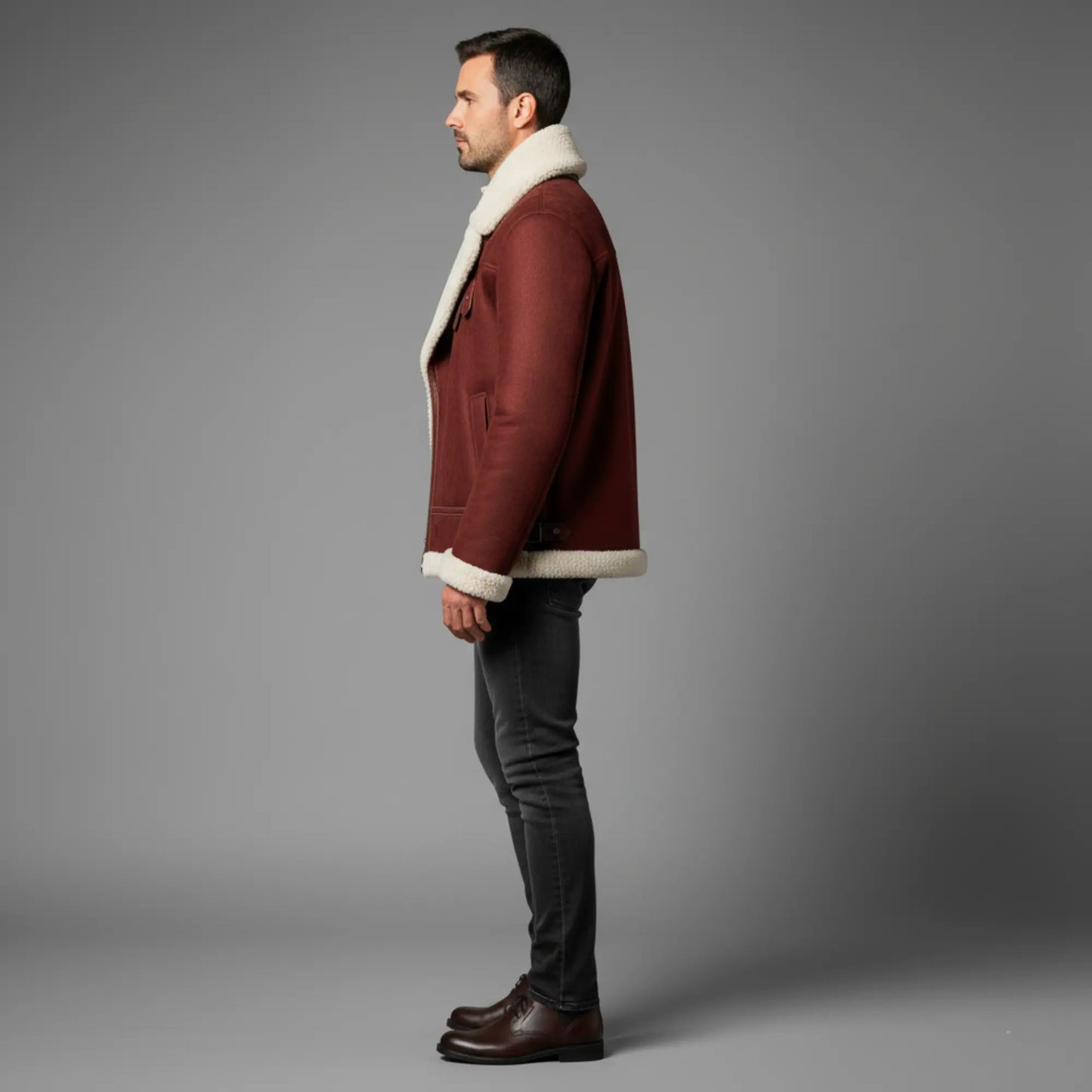 Mens Maroon Suede Shearling Jacket – Faux Fur Lined Winter Coat, Santa-Inspired Style, Free Shipping Worldwide Bakshi Artisanal