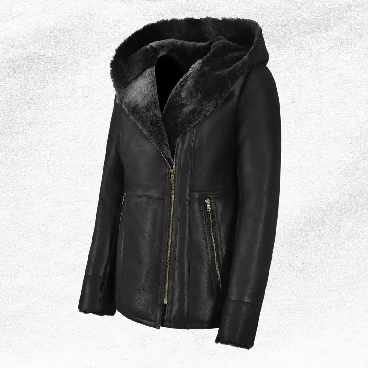 Ladies B3 Flying Real Shearling Sheepskin Black Fur Hoodie Jacket My Store