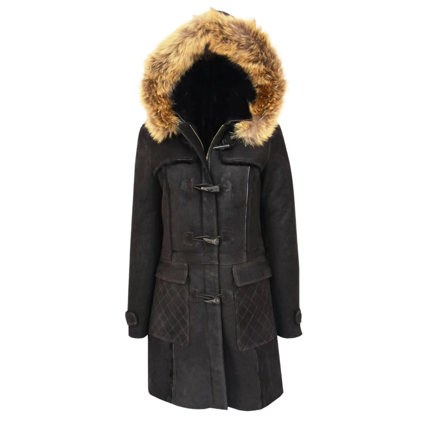 Luxury Warm Long Hooded Shearling Duffle Coat for Women – Genuine Brown Sheepskin My Store