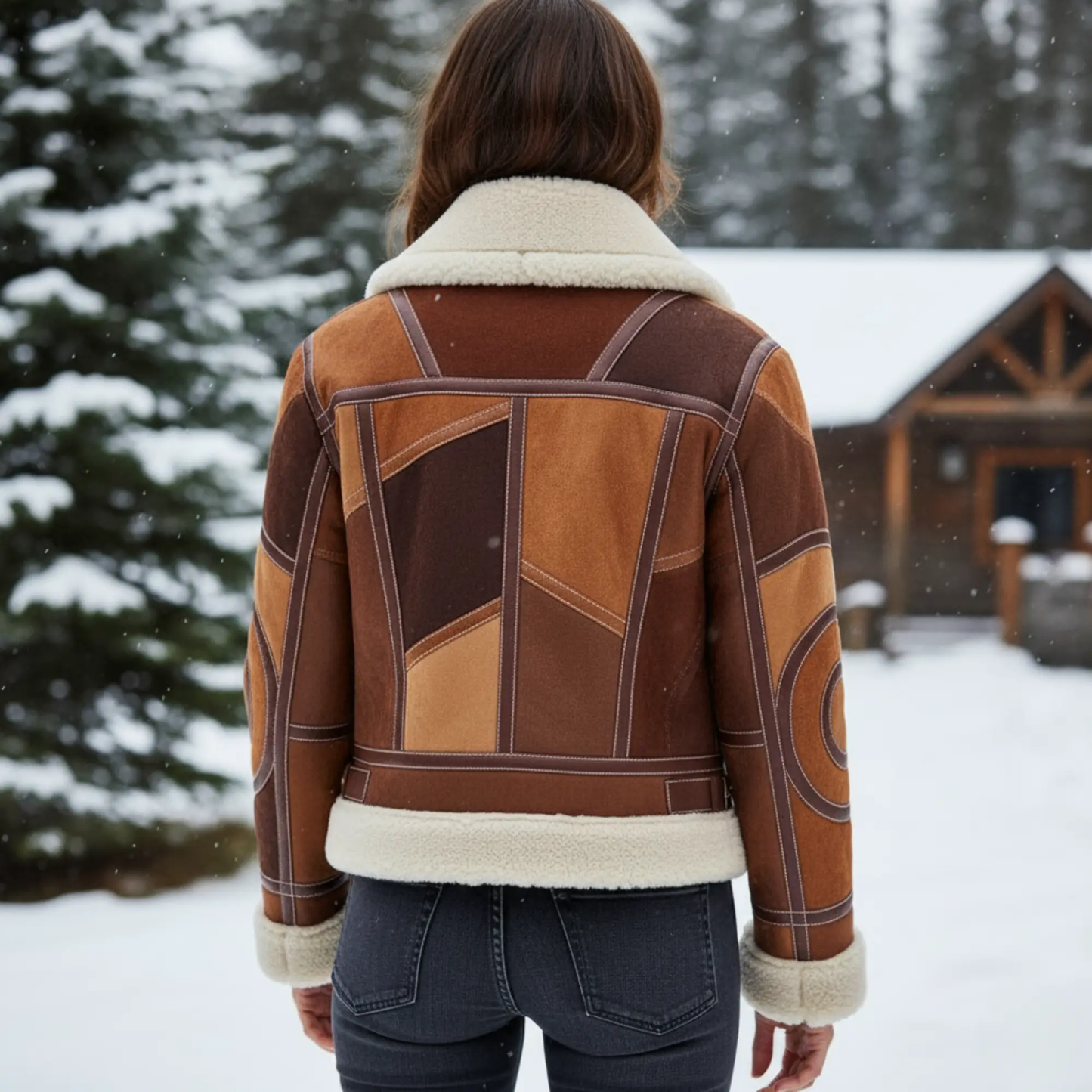 Womens Brown Patchwork Suede Leather Shearling Jacket – Full Sherpa Lined Luxe Coat, Winter Outerwear for Sale Bakshi Artisanal