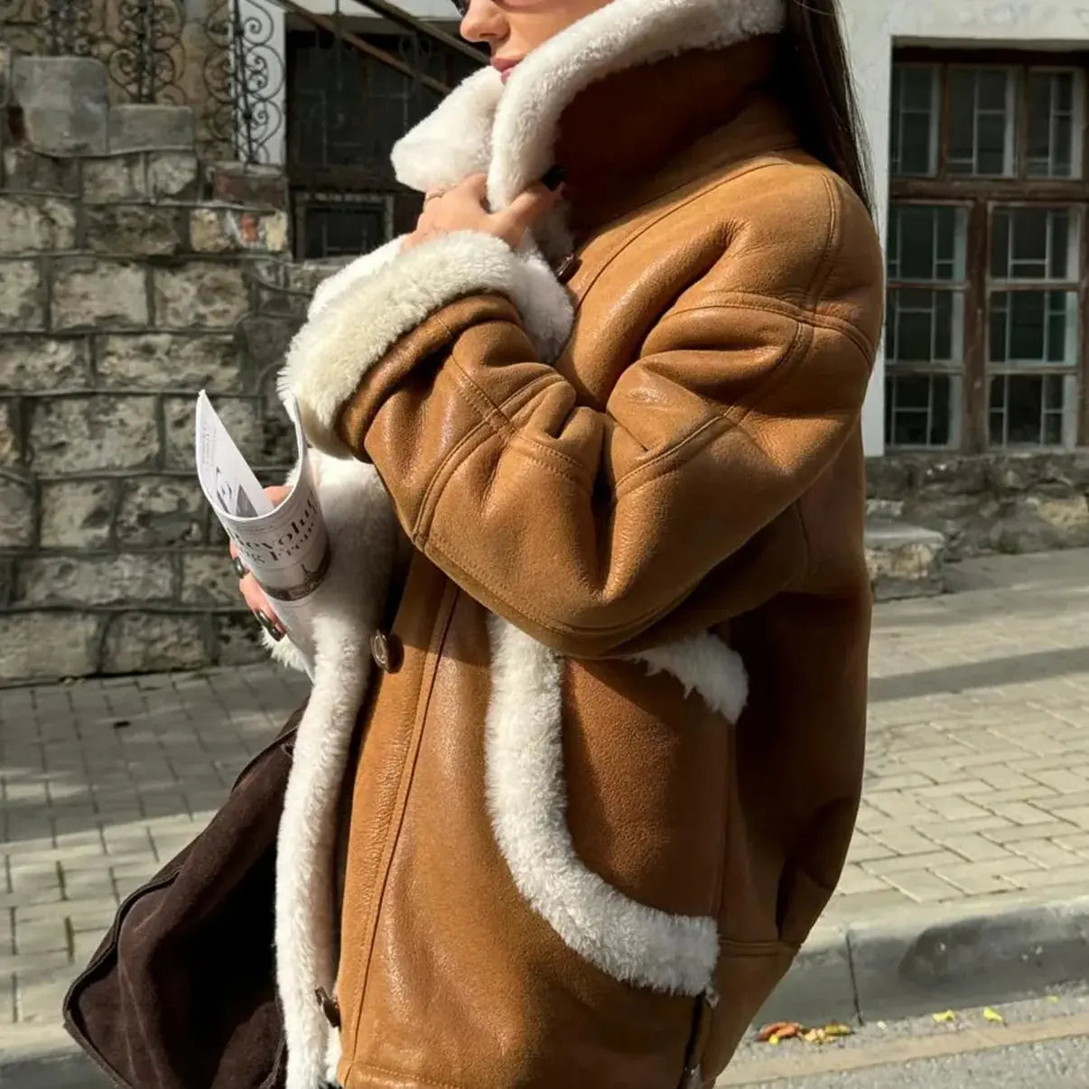 Women Real Sheep Skin Shearling Brown Jacket Coat My Store