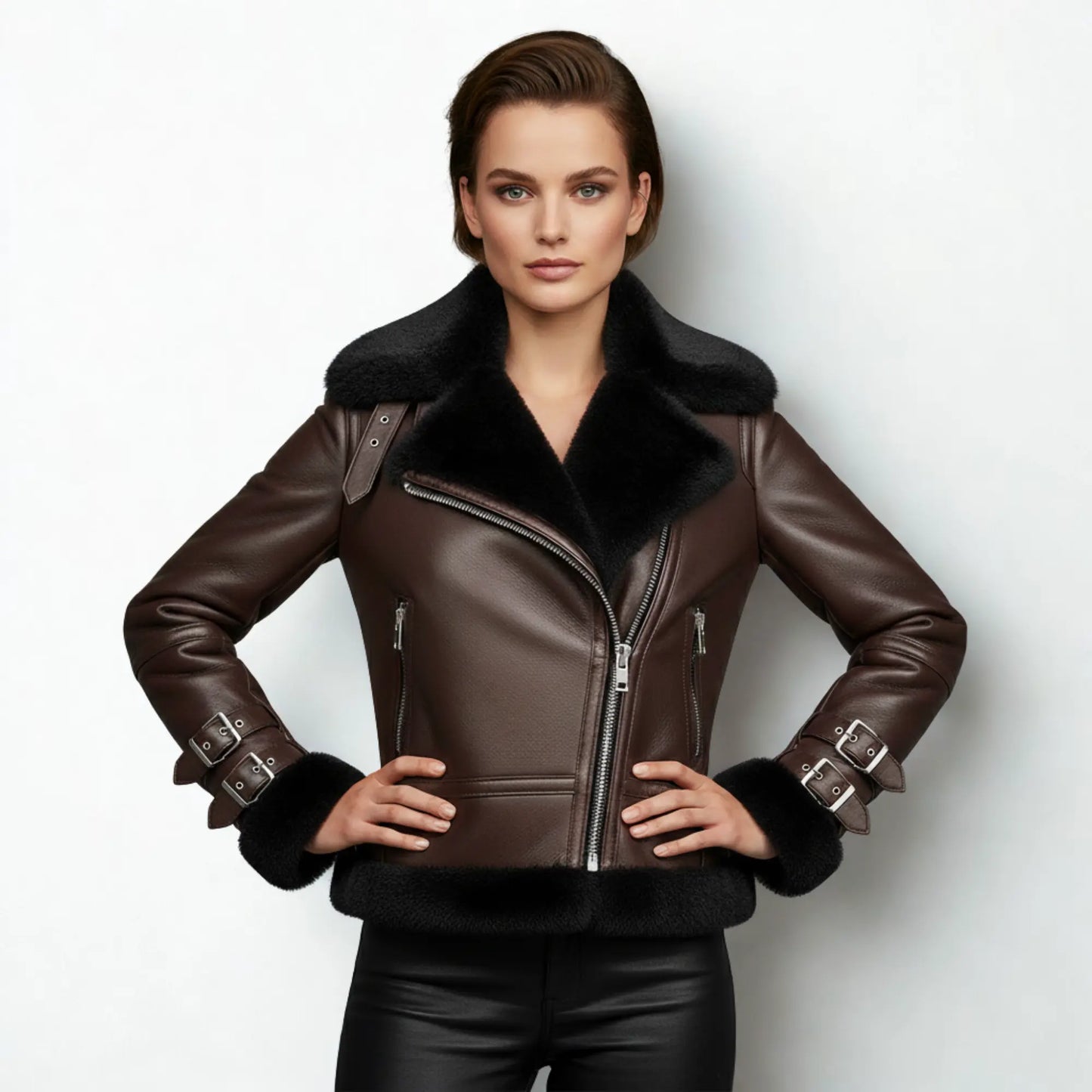 Brown Shearling Leather Coat with Black Fur Lining – Shop Luxe Moto Warmth Bakshi Artisanal